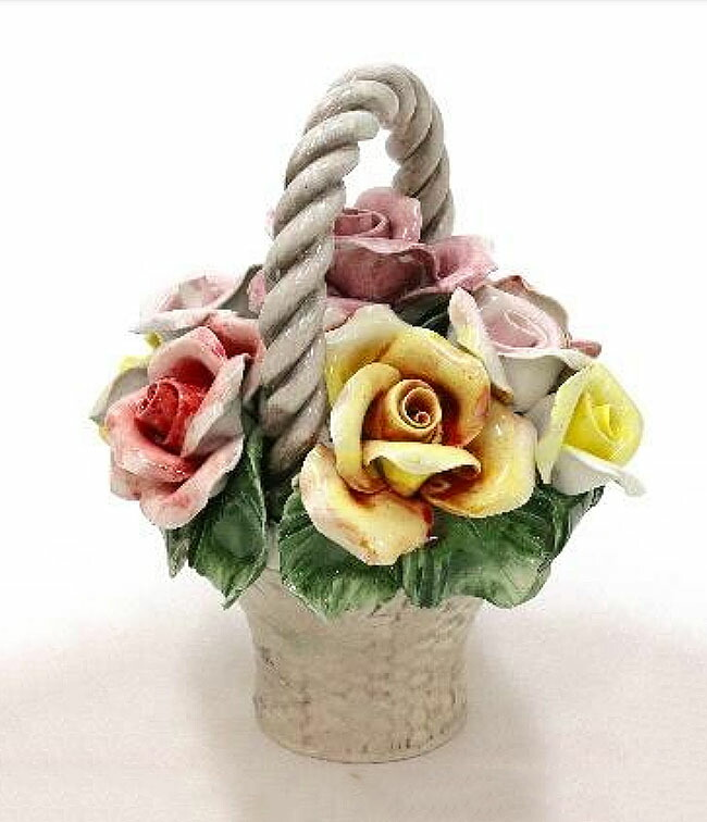 イタリア製 陶器 陶花 薔薇 ローズ インテリア置物 装飾品 ディスプレイ アンティーク風 輸入雑貨 ハンドメイド ハンドペイント
