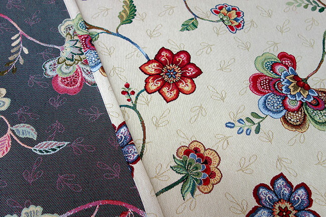 オーダーカーテン(ドレープ) スペイン製 花柄モチーフ「シロコ」ゴブラン織 ベージュ 共布タッセル付き インポートカーテン