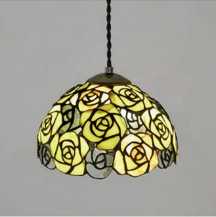 ステンドグラス ペンダントランプ 『ルナイエロー』　ローズ模様　