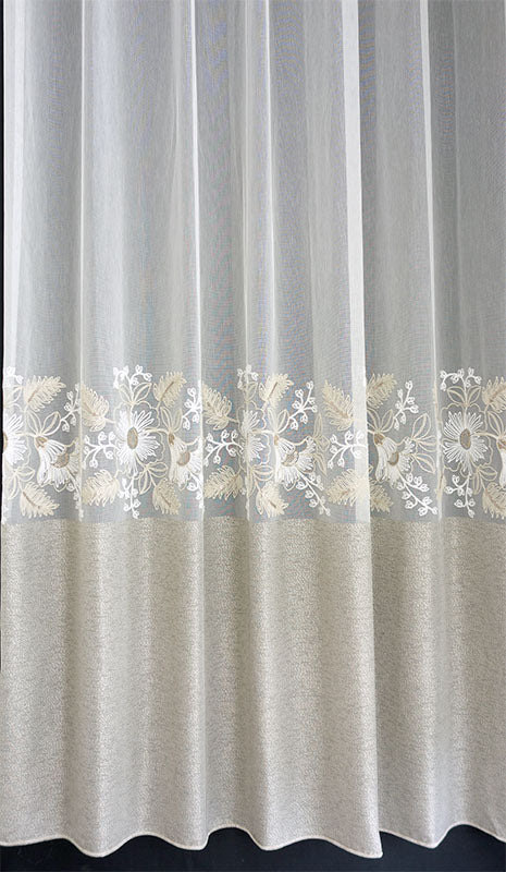 輸入オーダーカーテン(レース)　トルコ製　レース生地　「フラウ」　花柄刺繍　裾ロック巻　