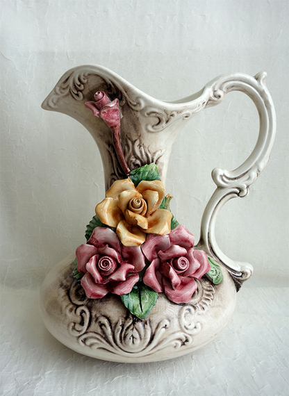 イタリア製　陶花　フラワーベース　薔薇　高さ35cm インテリア置物　装飾品　ディスプレイ　アンティーク風　輸入雑貨　 ハンドメイド　ハンドペイント