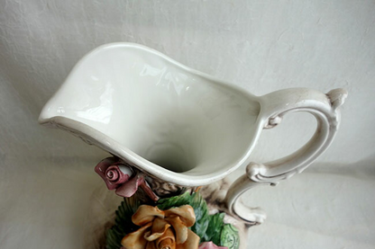 イタリア製　陶花　フラワーベース　薔薇　高さ35cm インテリア置物　装飾品　ディスプレイ　アンティーク風　輸入雑貨　 ハンドメイド　ハンドペイント