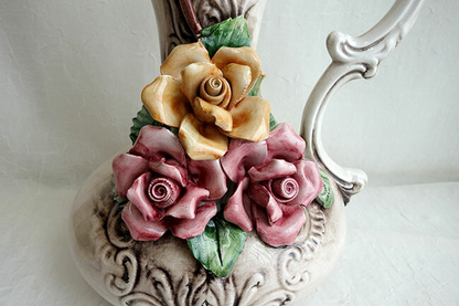 イタリア製　陶花　フラワーベース　薔薇　高さ35cm インテリア置物　装飾品　ディスプレイ　アンティーク風　輸入雑貨　 ハンドメイド　ハンドペイント