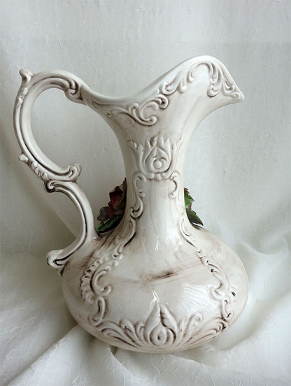 イタリア製　陶花　フラワーベース　薔薇　高さ35cm インテリア置物　装飾品　ディスプレイ　アンティーク風　輸入雑貨　 ハンドメイド　ハンドペイント