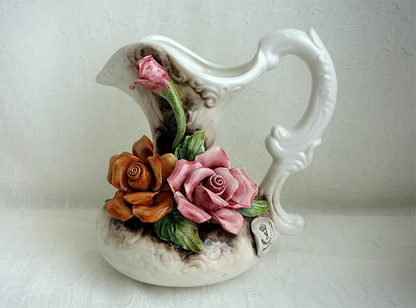 イタリア製　陶花　フラワーベース　薔薇　高さ20cm インテリア置物　装飾品　ディスプレイ　アンティーク風　輸入雑貨　 ハンドメイド　ハンドペイント