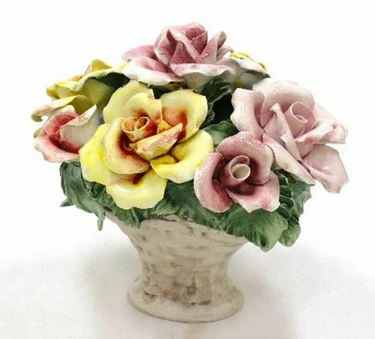 イタリア製　陶器　陶花　薔薇　ローズ　インテリア置物　装飾品　ディスプレイ　アンティーク風　輸入雑貨　 ハンドメイド　ハンドペイント