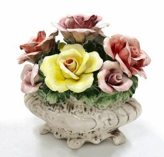 イタリア製　陶器　陶花　薔薇　ローズ　インテリア置物　装飾品　ディスプレイ　アンティーク風　輸入雑貨　 ハンドメイド　ハンドペイント