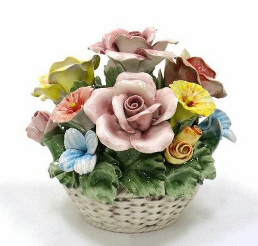 イタリア製　陶器　陶花　薔薇　ローズ　インテリア置物　装飾品　ディスプレイ　アンティーク風　輸入雑貨　 ハンドメイド　ハンドペイント