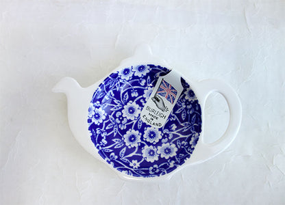 イギリス製　Burleigh バーレイ社　Blue Calico　 ブルーキャリコ　ティーポットトレイ　 ティーポット型プレート　ティーバッグホルダー　ミニプレート　小皿　 英国食器　テーブルウエア　おしゃれ