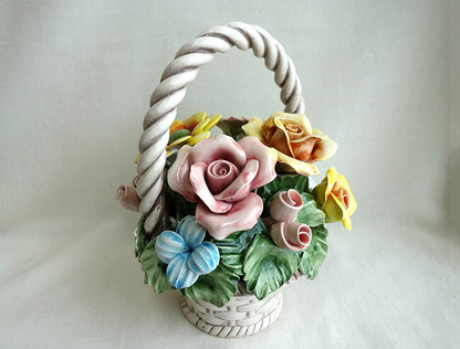 イタリア製　陶器　陶花　薔薇　ミックスローズ　インテリア置物　装飾品　ディスプレイ　アンティーク風　輸入雑貨　 ハンドメイド　ハンドペイント