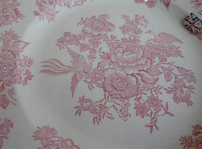 イギリス製　Burleigh バーレイ社　Pink Asiatic Pheasants ピンクアジアティックフェザンツ　プレート　25.5cm　 お皿　皿　大皿　洋食器　テーブルウエア　英国食器　花柄　ピンク
