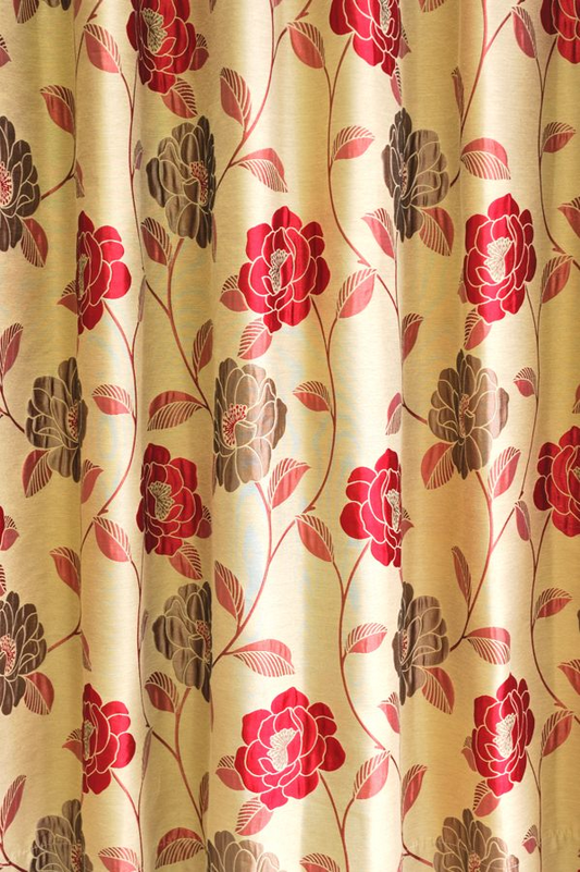 オーダーカーテン(ドレープ) インド製 生地　「ヘリテージ」　ベージュ＆レッド　花模様　共布タッセル付き　インポートカーテン