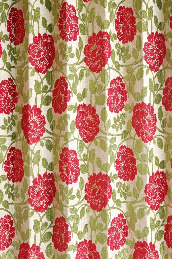 オーダーカーテン(ドレープ) インド製 遮光1級 「ファンタジーGR＆R」グリーン＆レッド　生地極厚　共布タッセル付き　インポートカーテン