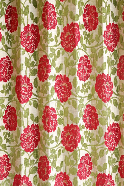 オーダーカーテン(ドレープ) インド製 遮光1級 「ファンタジーGR＆R」グリーン＆レッド　生地極厚　共布タッセル付き　インポートカーテン