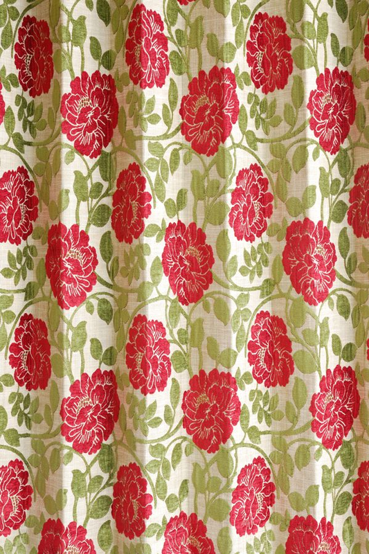 オーダーカーテン(ドレープ) インド製 遮光1級 「ファンタジーGR＆R」グリーン＆レッド　生地極厚　共布タッセル付き　インポートカーテン