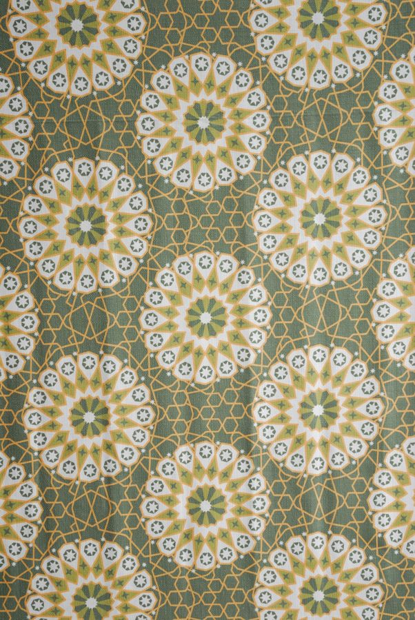 オーダーカーテン(ドレープ) スペイン製「モロッコGR」 グリーン　ヨーロッパ　メダリオン柄　共布タッセル付き　インポートカーテン (コピー)