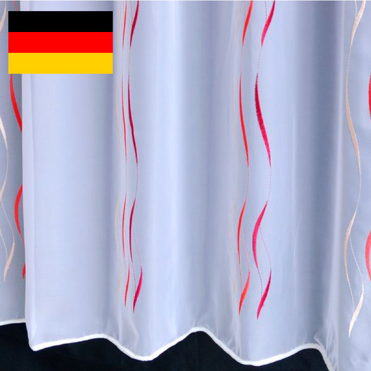 輸入オーダーカーテン(レース)　ドイツ製　レース生地　「ハノーファー　レッド」　ウェーブ模様　裾ロック巻 (ワイヤーウェイト)