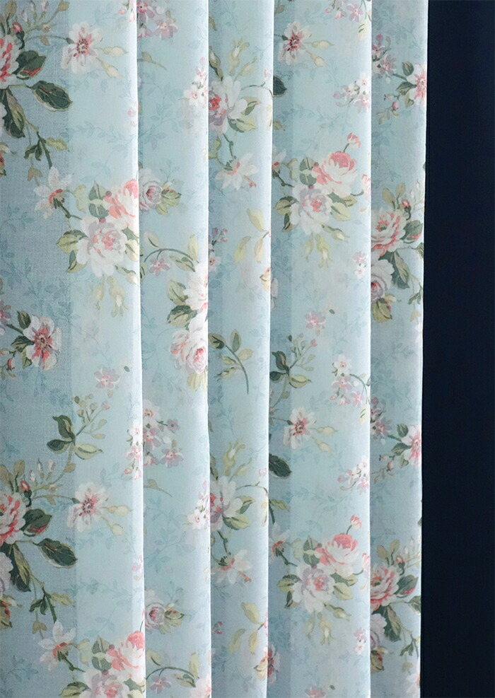 輸入オーダーカーテン(レース)　高級 スペイン製 『ロサ BL』薔薇柄　ブルー　レースカーテン