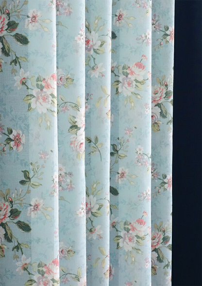 輸入オーダーカーテン(レース)　高級 スペイン製 『ロサ BL』薔薇柄　ブルー　レースカーテン