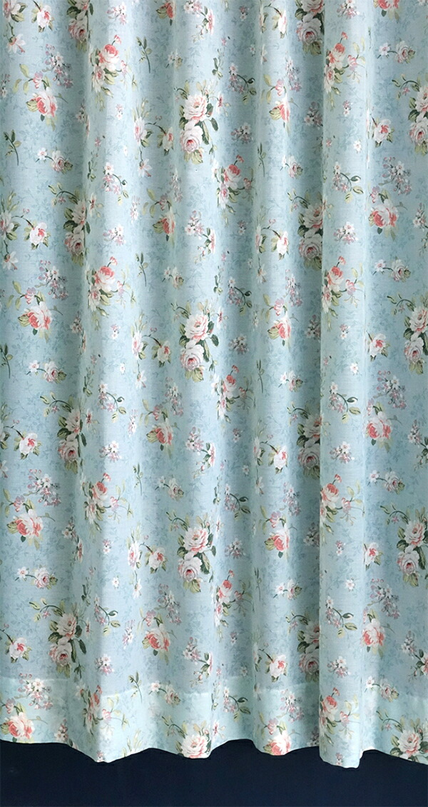輸入オーダーカーテン(レース)　高級 スペイン製 『ロサ BL』薔薇柄　ブルー　レースカーテン
