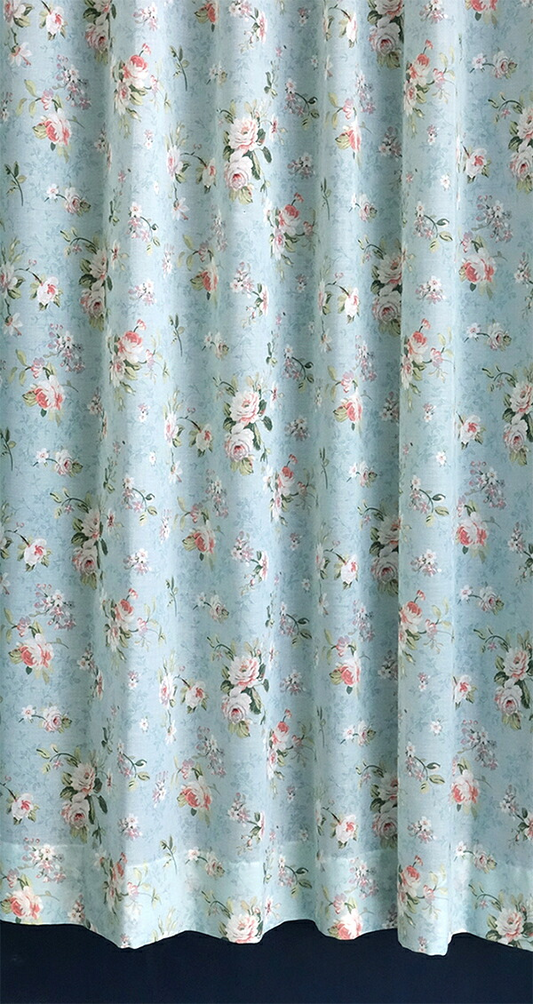 輸入オーダーカーテン(レース)　高級 スペイン製 『ロサ BL』薔薇柄　ブルー　レースカーテン