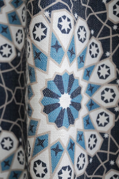 オーダーカーテン(ドレープ) スペイン製「モロッコBL」 ブルー　ヨーロッパ　ドット柄　共布タッセル付き　インポートカーテン