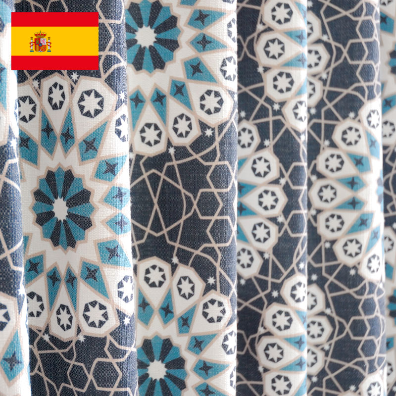 オーダーカーテン(ドレープ) スペイン製「モロッコBL」 ブルー　ヨーロッパ　ドット柄　共布タッセル付き　インポートカーテン