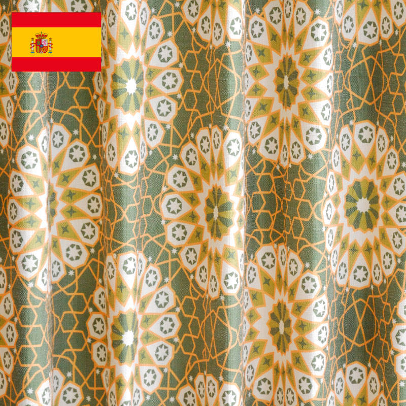 オーダーカーテン(ドレープ) スペイン製「モロッコGR」 グリーン　ヨーロッパ　メダリオン柄　共布タッセル付き　インポートカーテン (コピー)