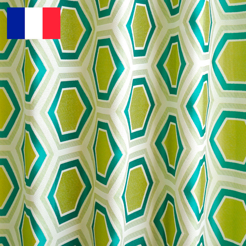 オーダーカーテン(ドレープ) フランス製「ヘキサゴンGR」 六角　グリーン　ヨーロッパ　ドット柄　共布タッセル付き　インポートカーテン