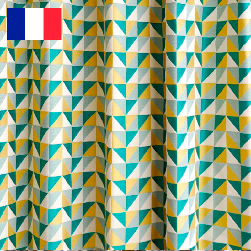 オーダーカーテン(ドレープ) フランス製「トライアングルGR」 三角　グリーン/イエロー　ヨーロッパ　ドット柄　共布タッセル付き　インポートカーテン