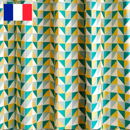 オーダーカーテン(ドレープ) フランス製「トライアングルGR」 三角　グリーン/イエロー　ヨーロッパ　ドット柄　共布タッセル付き　インポートカーテン