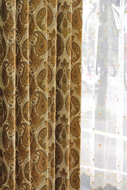 オーダーカーテン(ドレープ) インド製ペイズリー柄「トパーズ」　共布タッセル付き　インポートカーテン