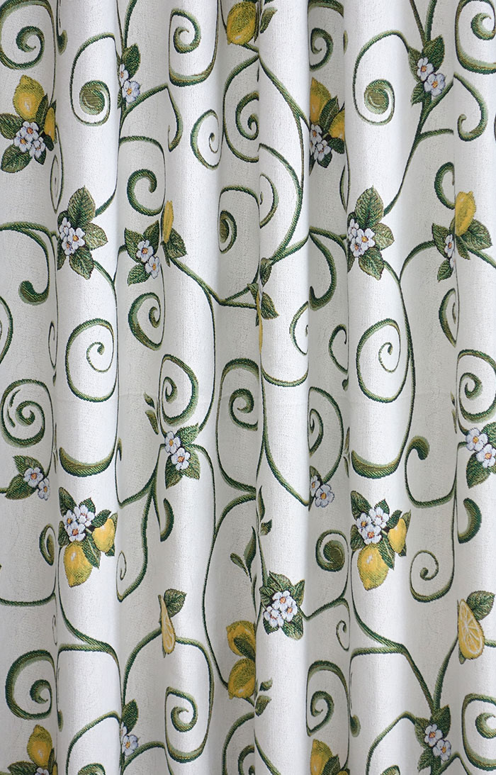 オーダーカーテン(ドレープ) スペイン製　レモン柄「キャスタ」　遮光3級　イエロー/グリーン/ホワイト　 共布タッセル付き　インポートカーテン