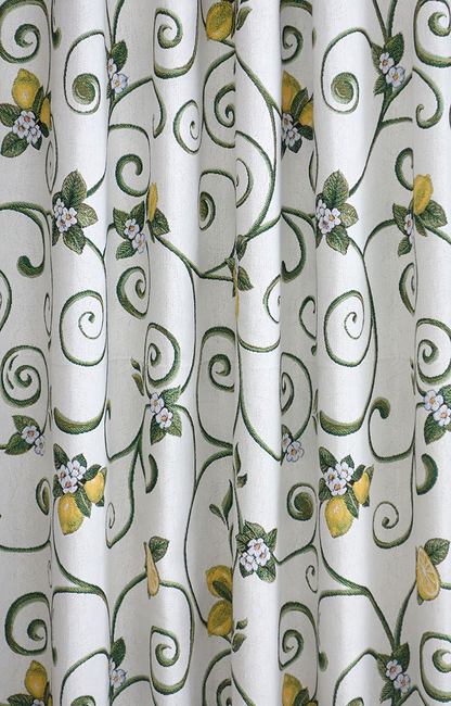 オーダーカーテン(ドレープ) スペイン製　レモン柄「キャスタ」　遮光3級　イエロー/グリーン/ホワイト　 共布タッセル付き　インポートカーテン
