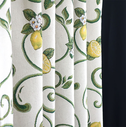 オーダーカーテン(ドレープ) スペイン製　レモン柄「キャスタ」　遮光3級　イエロー/グリーン/ホワイト　 共布タッセル付き　インポートカーテン