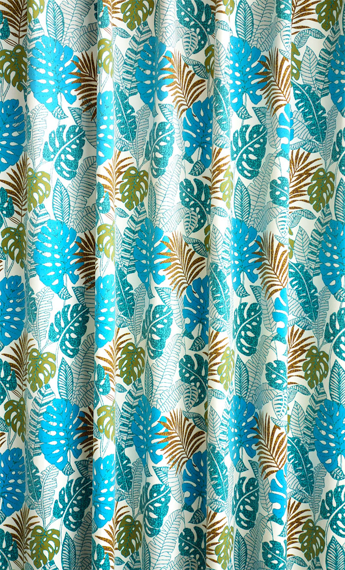 オーダーカーテン(ドレープ) フランス製　リーフ柄「ジャネイロ」 ブルー　ヨーロッパ　ドット柄　共布タッセル付き　インポートカーテン