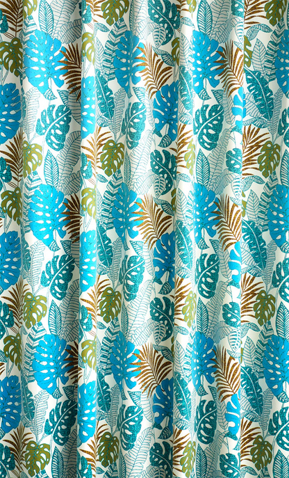 オーダーカーテン(ドレープ) フランス製　リーフ柄「ジャネイロ」 ブルー　ヨーロッパ　ドット柄　共布タッセル付き　インポートカーテン