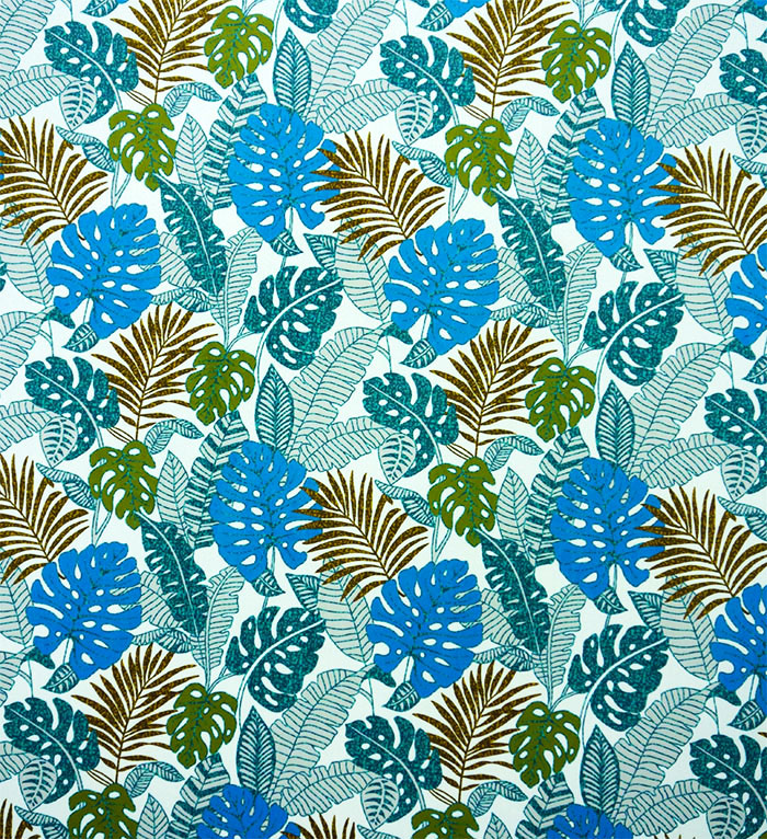 オーダーカーテン(ドレープ) フランス製　リーフ柄「ジャネイロ」 ブルー　ヨーロッパ　ドット柄　共布タッセル付き　インポートカーテン