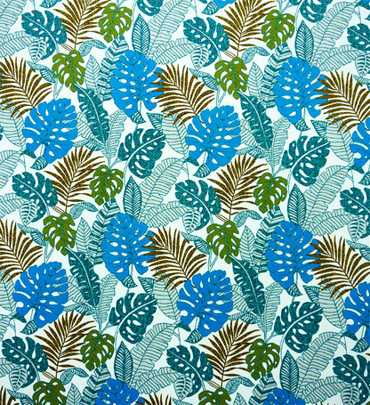 オーダーカーテン(ドレープ) フランス製　リーフ柄「ジャネイロ」 ブルー　ヨーロッパ　ドット柄　共布タッセル付き　インポートカーテン