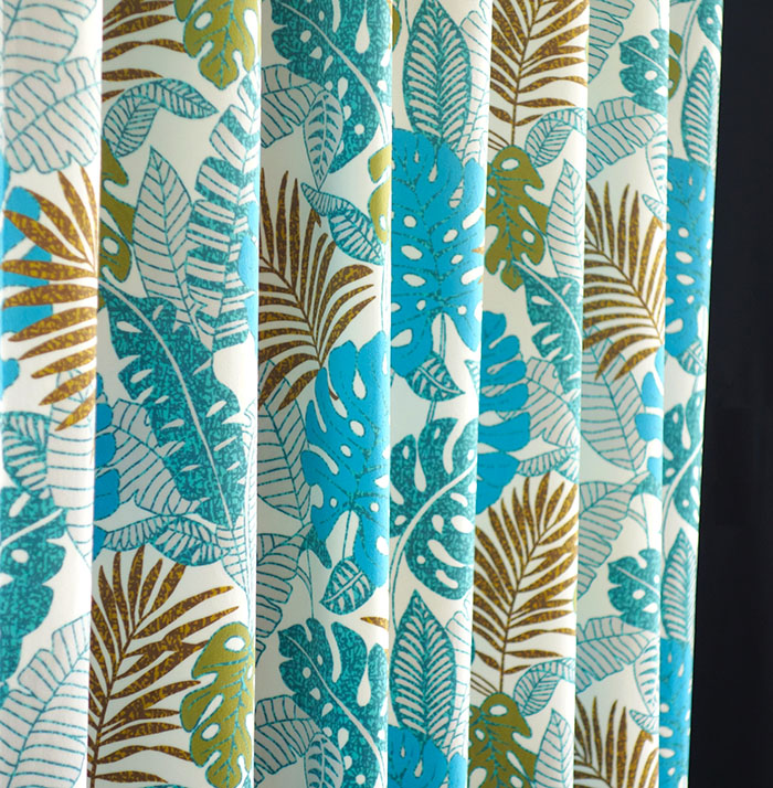 オーダーカーテン(ドレープ) フランス製　リーフ柄「ジャネイロ」 ブルー　ヨーロッパ　ドット柄　共布タッセル付き　インポートカーテン