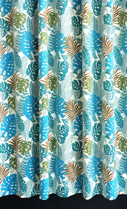 オーダーカーテン(ドレープ) フランス製　リーフ柄「ジャネイロ」 ブルー　ヨーロッパ　ドット柄　共布タッセル付き　インポートカーテン