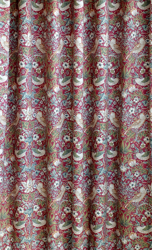 オーダーカーテン(ドレープ) スペイン製　ヴィバルディ　RD(赤色)　鳥柄 『ウィリアムモリスデザイン　いちご泥棒』レッド　インポートカーテン