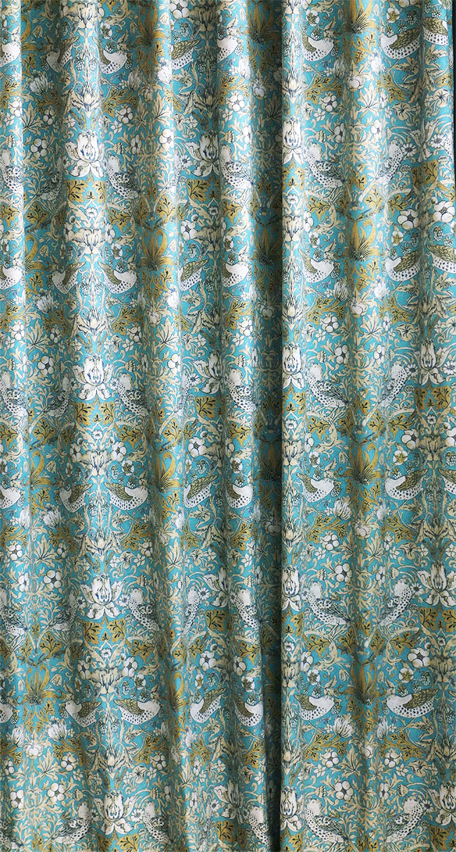 オーダーカーテン(ドレープ) スペイン製　ヴィバルディ　BL(水色)　鳥柄 『ウィリアムモリスデザイン　いちご泥棒』ブルー　インポートカーテン