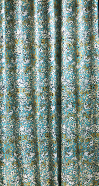 オーダーカーテン(ドレープ) スペイン製　ヴィバルディ　BL(水色)　鳥柄 『ウィリアムモリスデザイン　いちご泥棒』ブルー　インポートカーテン