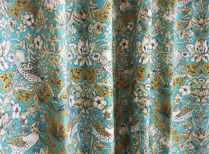 オーダーカーテン(ドレープ) スペイン製　ヴィバルディ　BL(水色)　鳥柄 『ウィリアムモリスデザイン　いちご泥棒』ブルー　インポートカーテン