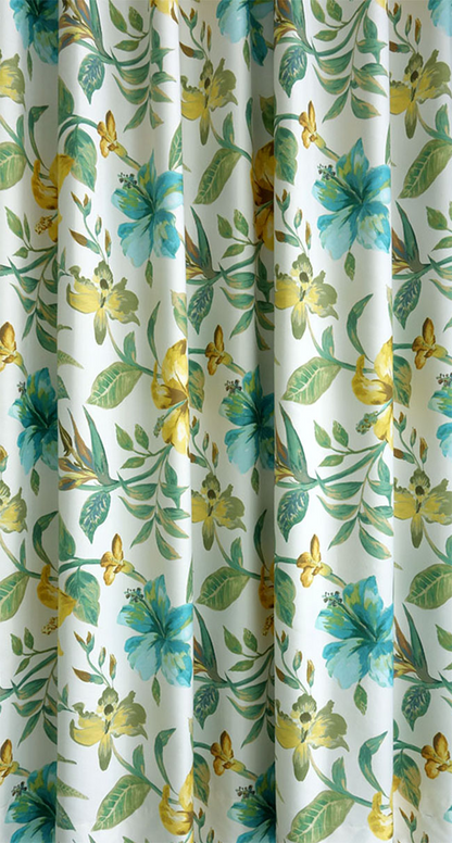 オーダーカーテン(ドレープ) スペイン製　花柄「アマゾネス」 ホワイト/グリーン/イエロー 共布タッセル付き　インポートカーテン