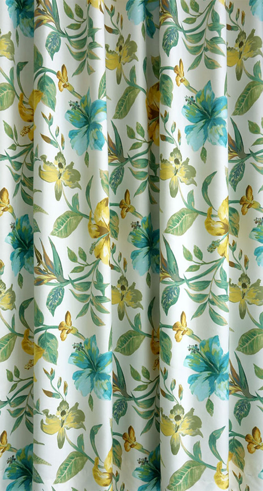オーダーカーテン(ドレープ) スペイン製　花柄「アマゾネス」 ホワイト/グリーン/イエロー 共布タッセル付き　インポートカーテン
