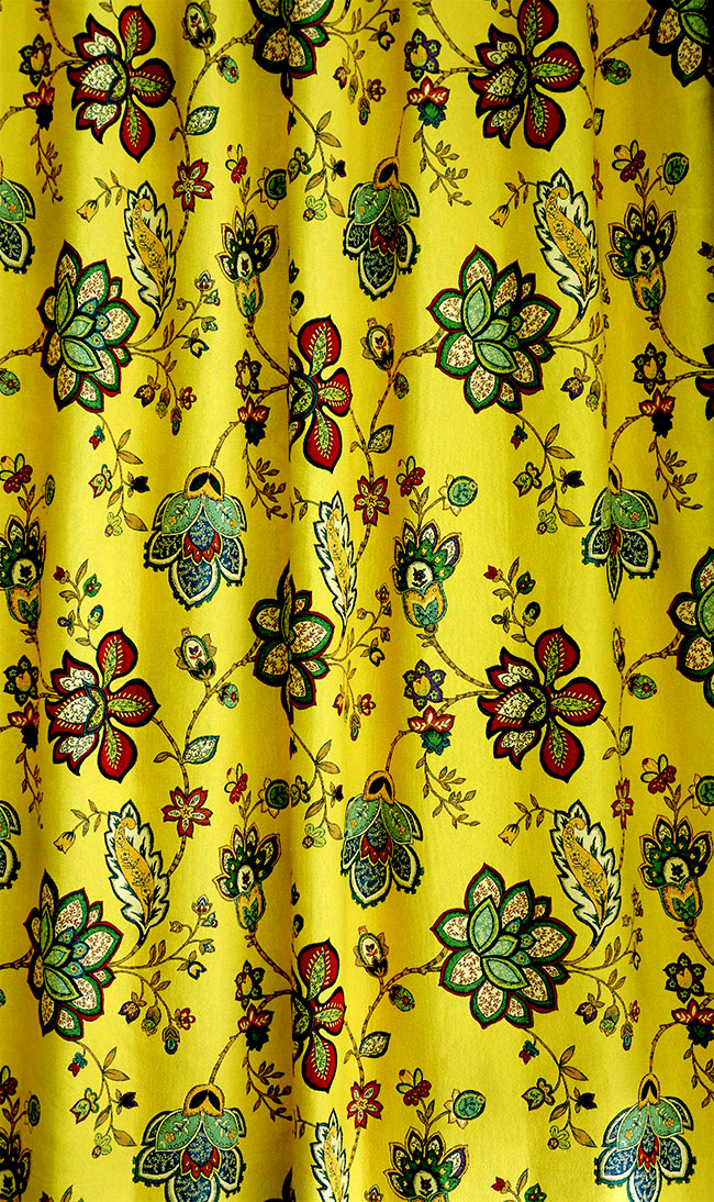 オーダーカーテン(ドレープ) スペイン製　花柄「モガンボYE」 ヨーロッパ　遮光3級　イエロー　 共布タッセル付き　インポートカーテン