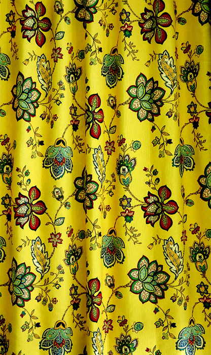 オーダーカーテン(ドレープ) スペイン製　花柄「モガンボYE」 ヨーロッパ　遮光3級　イエロー　 共布タッセル付き　インポートカーテン