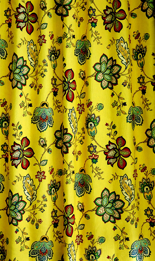 オーダーカーテン(ドレープ) スペイン製　花柄「モガンボYE」 ヨーロッパ　遮光3級　イエロー　 共布タッセル付き　インポートカーテン